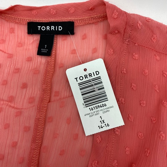 Torrid Women’s Plus Size Coral Pink Hi-Lo Clip Dot Open Kimono Sizes 1X 2X 3X 4X - Picture 11 of 14